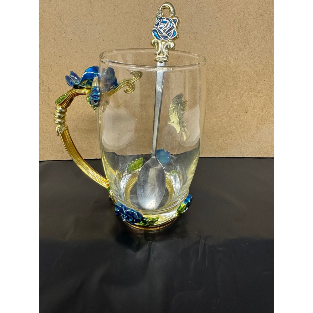 Vintage ARC Blue Rose Butterfly Glass Mug Spoon Enamel Rhinestone Jeweled Cup